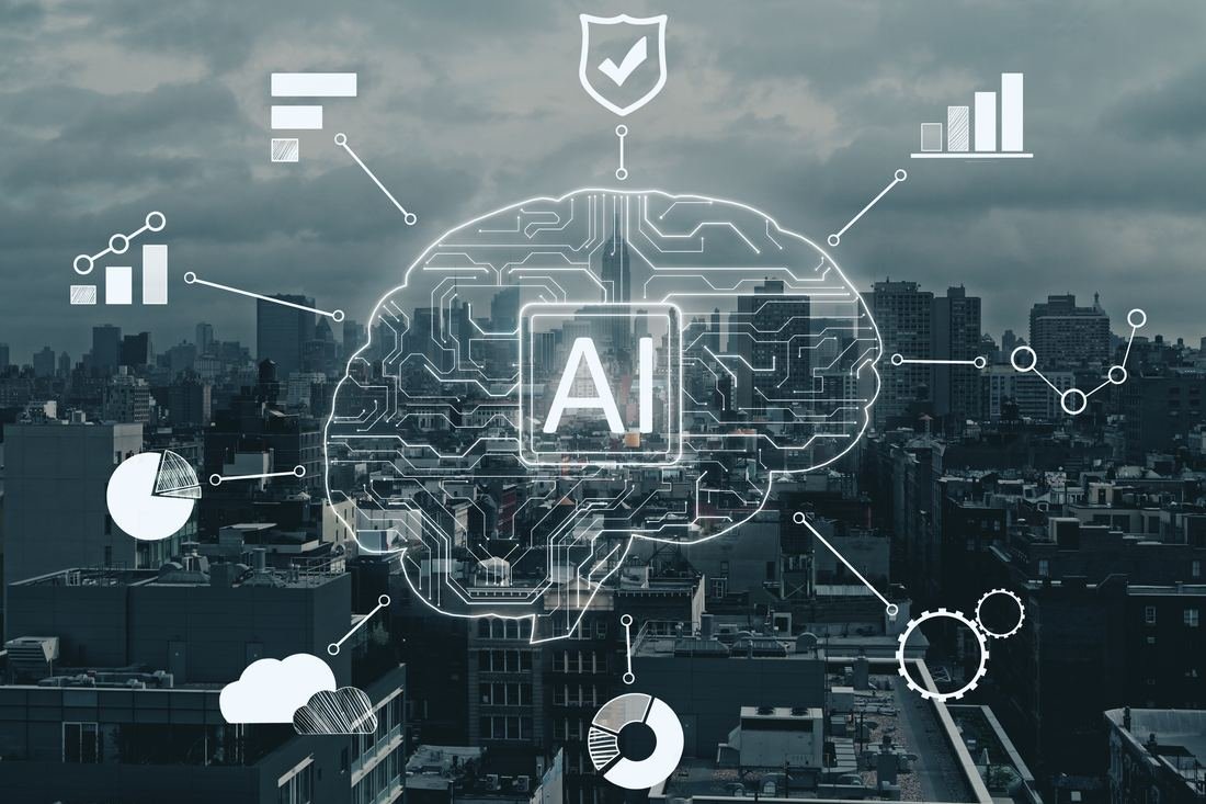 AI brain graphic overlaying a city skyline representing automation