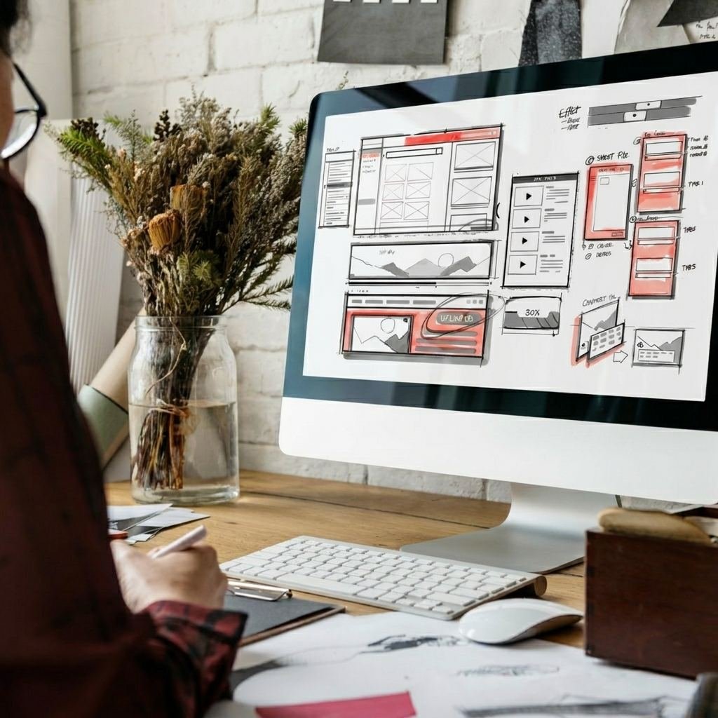 Website wireframe sketches on a computer screen